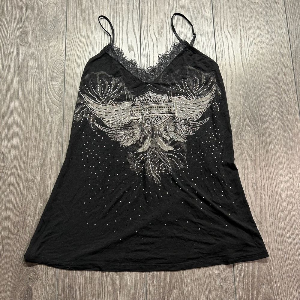 Harley Davidson Black Rhinestone Winged Logo Small Y2k Lace Trim Cami Top Vtg